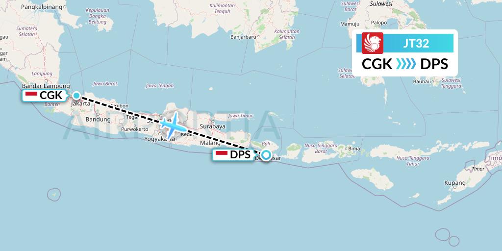 JT32 Lion Airlines Flight Map: Jakarta to Denpasar