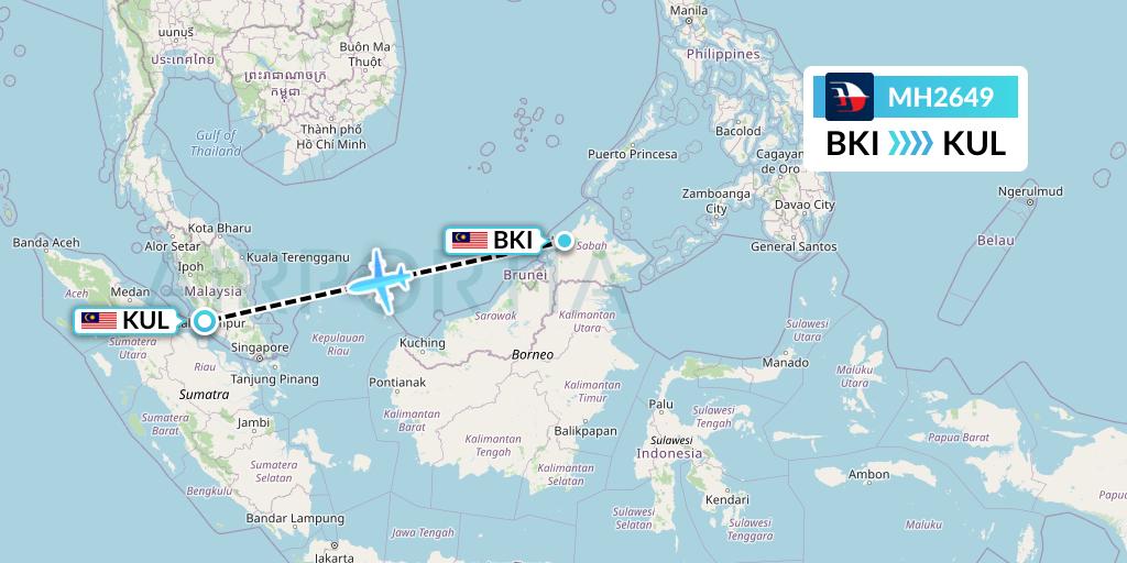 MH2649 Malaysia Airlines Flight Map: Kota Kinabalu to Kuala Lumpur