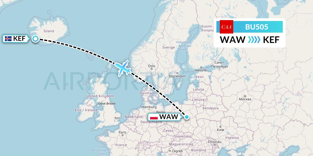 BU505 flyCAA Flight Map: Warsaw to Reykjavik
