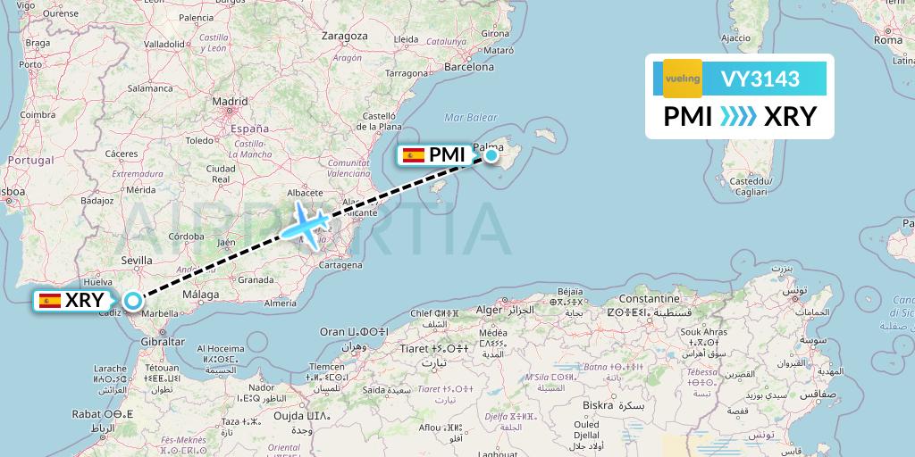 VY3143 Vueling Flight Map: Palma de Mallorca to Jerez