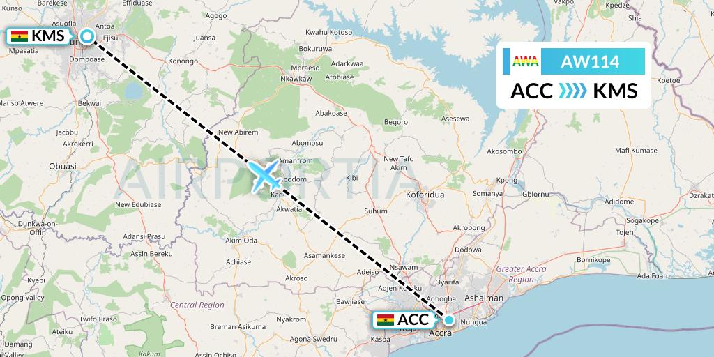 AW114 Africa World Airlines Flight Map: Accra to Kumasi