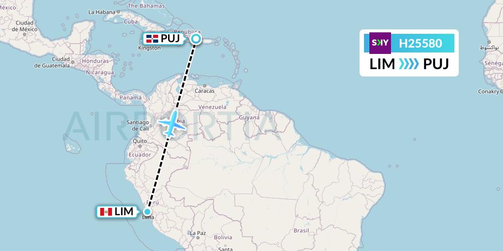 H25580 Sky Airline Flight Map: Lima to Punta Cana