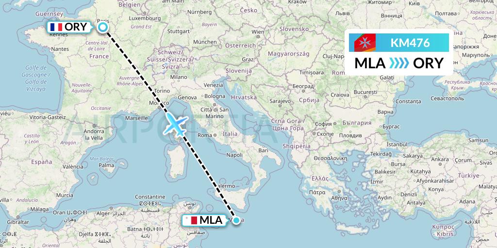 KM476 Air Malta Flight Map: Malta to Paris