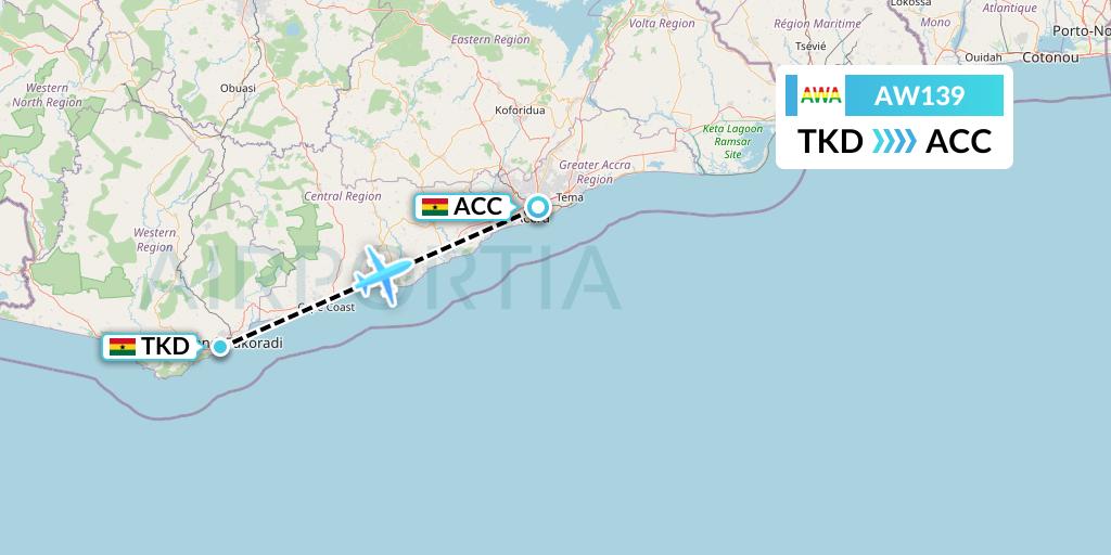 AW139 Africa World Airlines Flight Map: Takoradi to Accra
