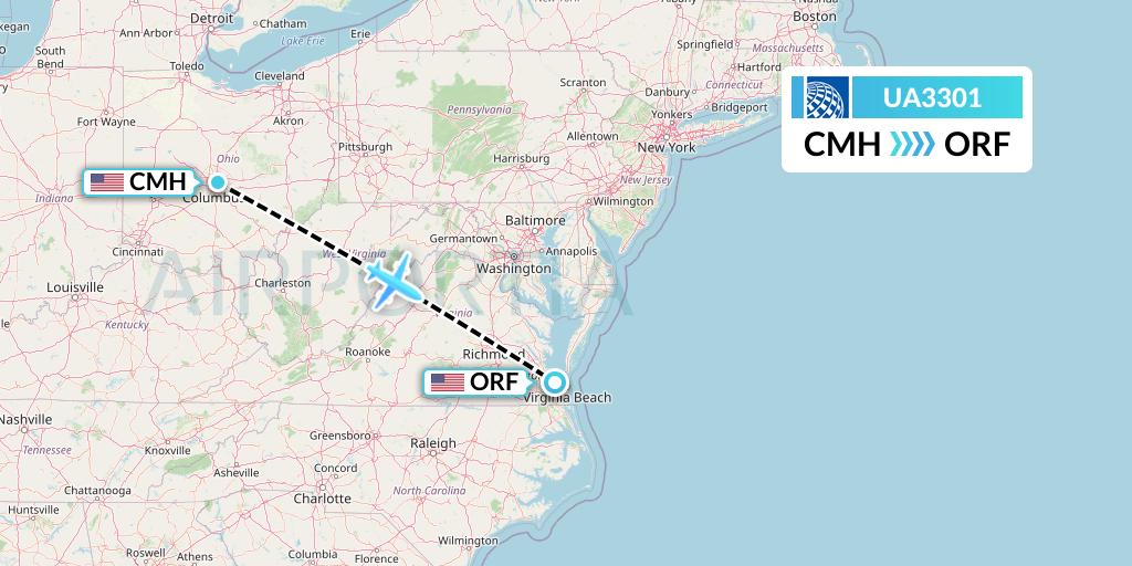 UA3301 United Airlines Flight Map: Columbus to Norfolk