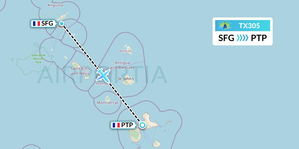 TX305 Air Caraibes Flight Map: Sint Maarten to Pointe-a-Pitre