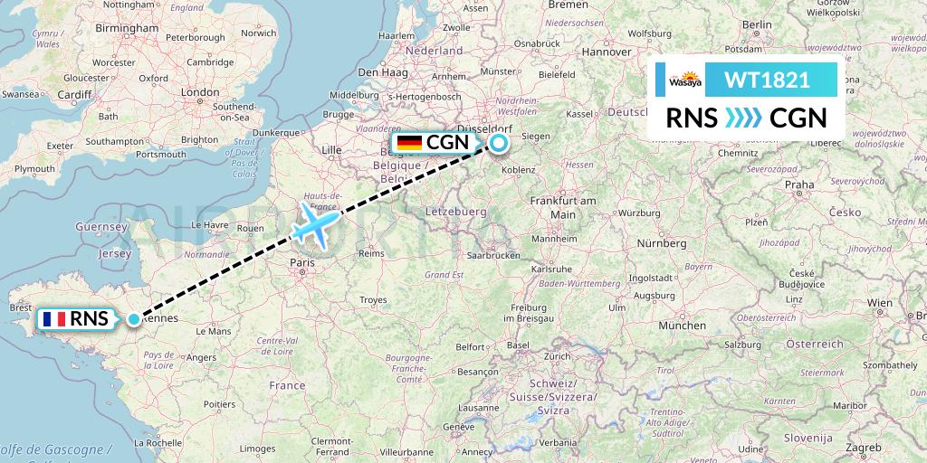WT1821 Swiftair Flight Map: Rennes to Cologne
