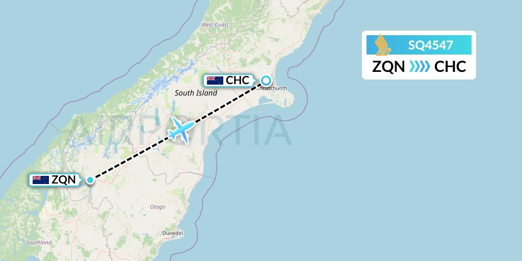 SQ4547 Singapore Airlines Flight Map: Queenstown to Christchurch