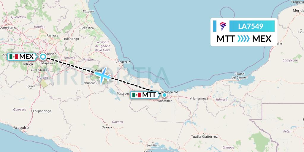 LA7549 LAN Airlines Flight Map: Minatitlan to Mexico City