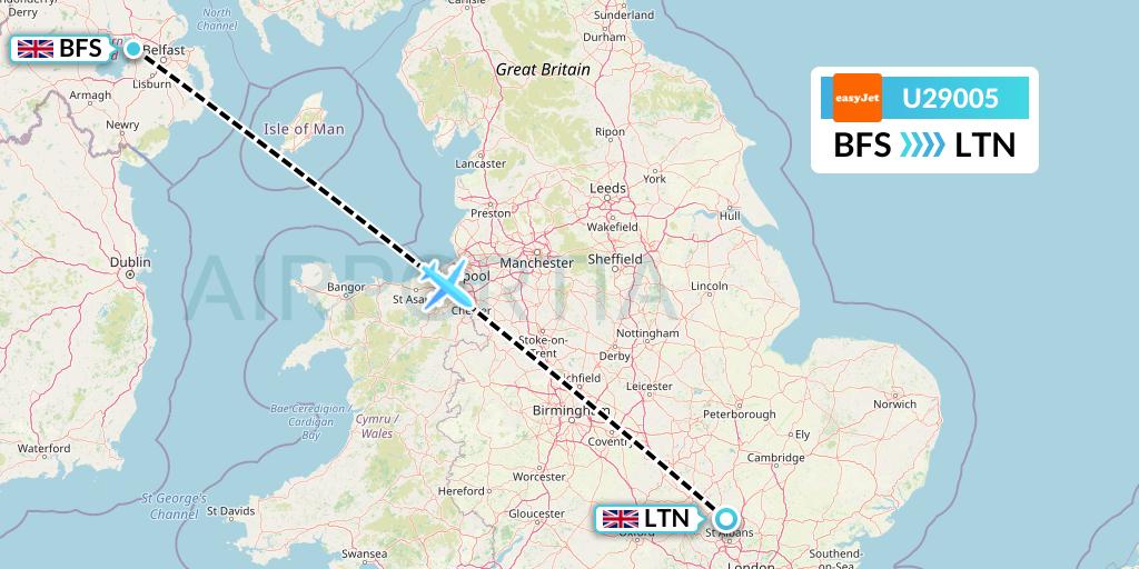 U29005 EasyJet Flight Map: Belfast to London