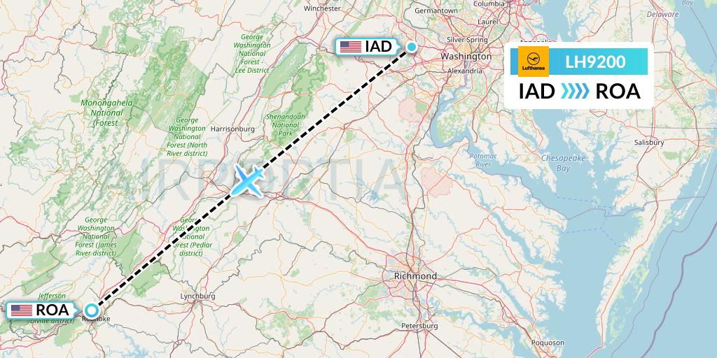 LH9200 Lufthansa Flight Map: Washington to Roanoke