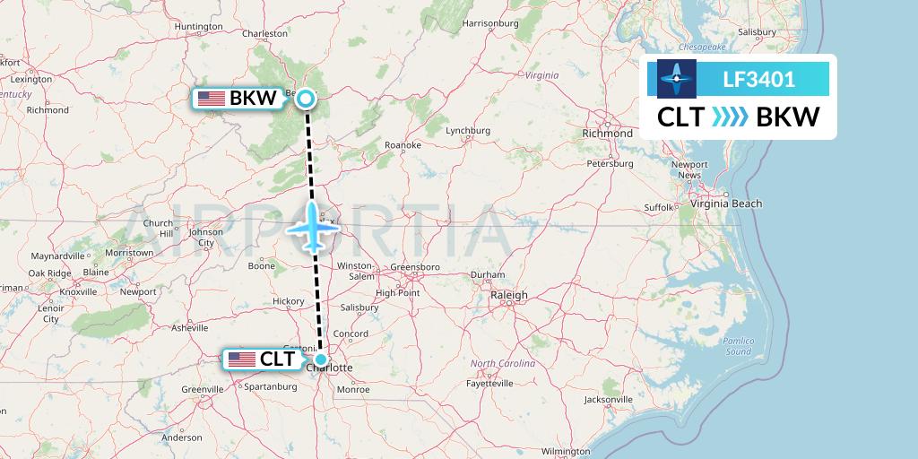 LF3401 Corporate Flight Management Flight Map: Charlotte to Beckley