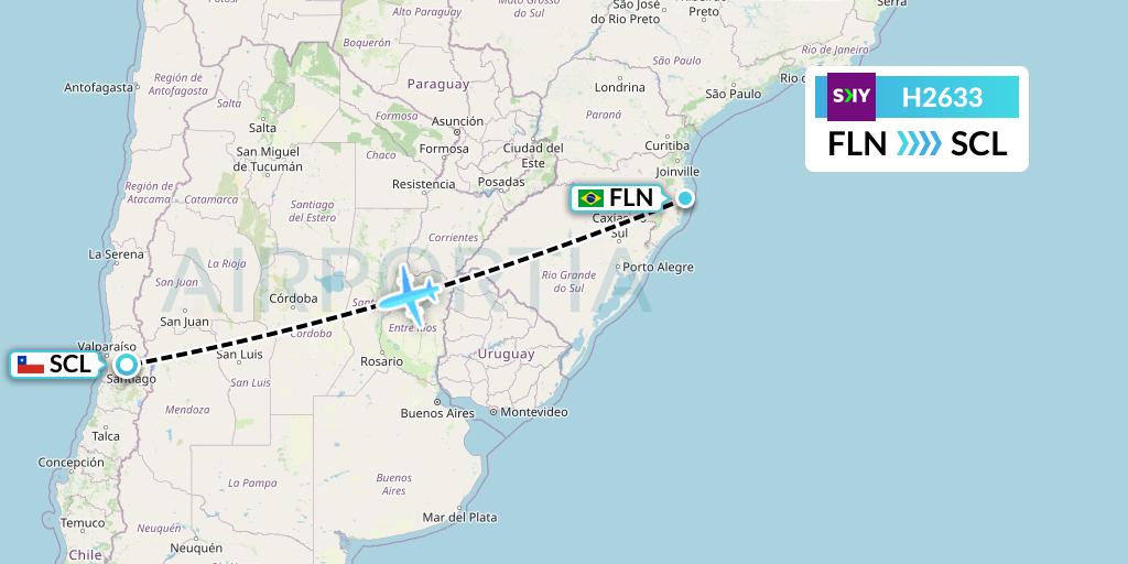 H2633 Sky Airline Flight Map: Florianopolis to Santiago