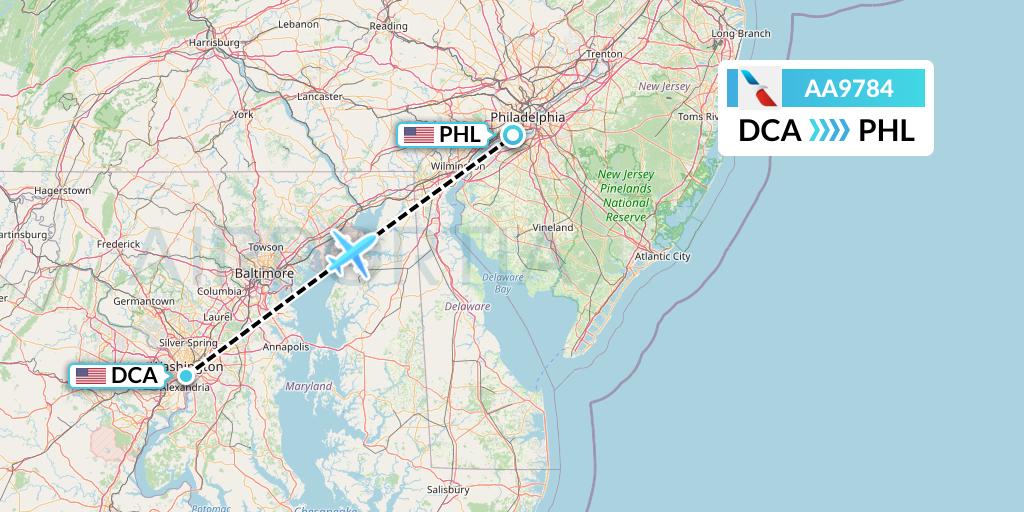 AA9784 American Airlines Flight Map: Washington to Philadelphia