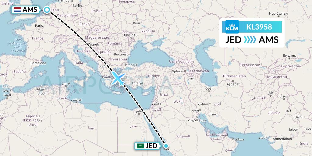 KL3958 KLM Flight Map: Jeddah to Amsterdam