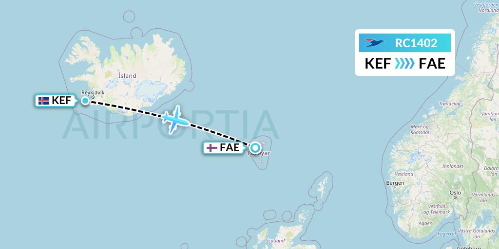 RC1402 Atlantic Airways Flight Map: Reykjavik to Vagar