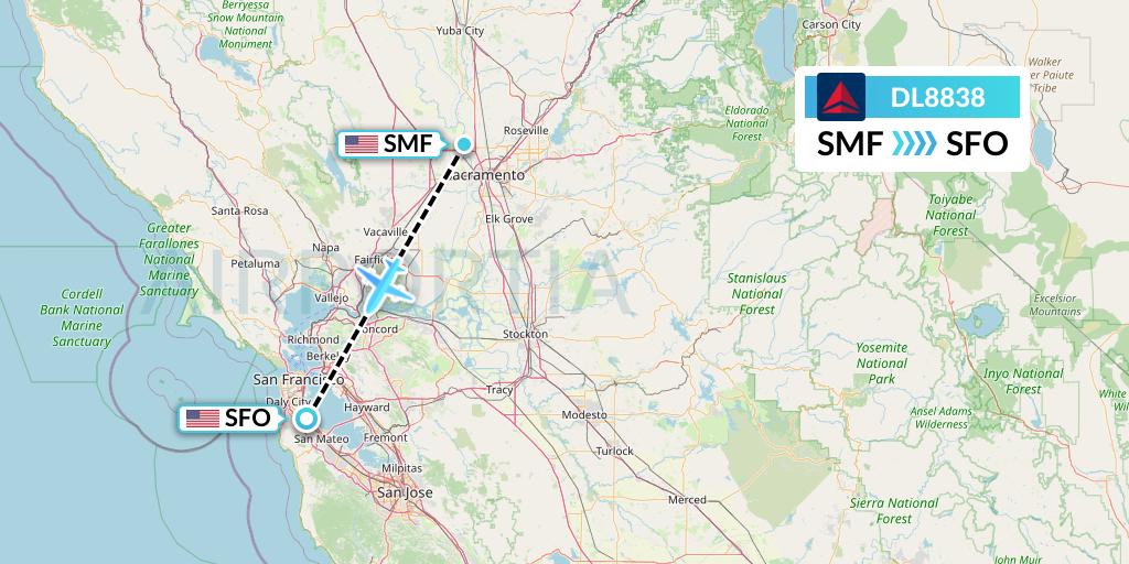 DL8838 Delta Air Lines Flight Map: Sacramento to San Francisco