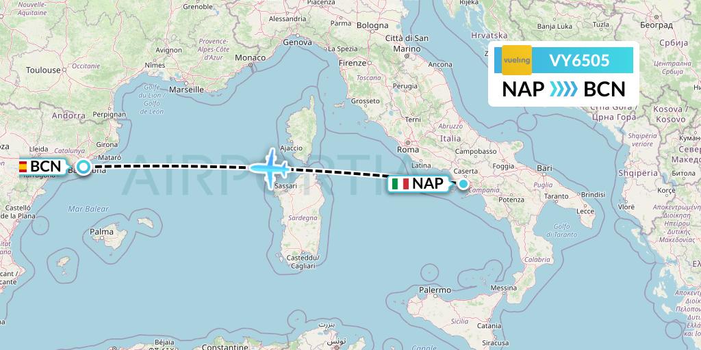 VY6505 Vueling Flight Map: Naples to Barcelona