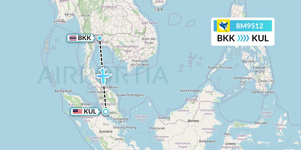 8M9512 Myanmar Airways International Flight Map: Bangkok to Kuala Lumpur