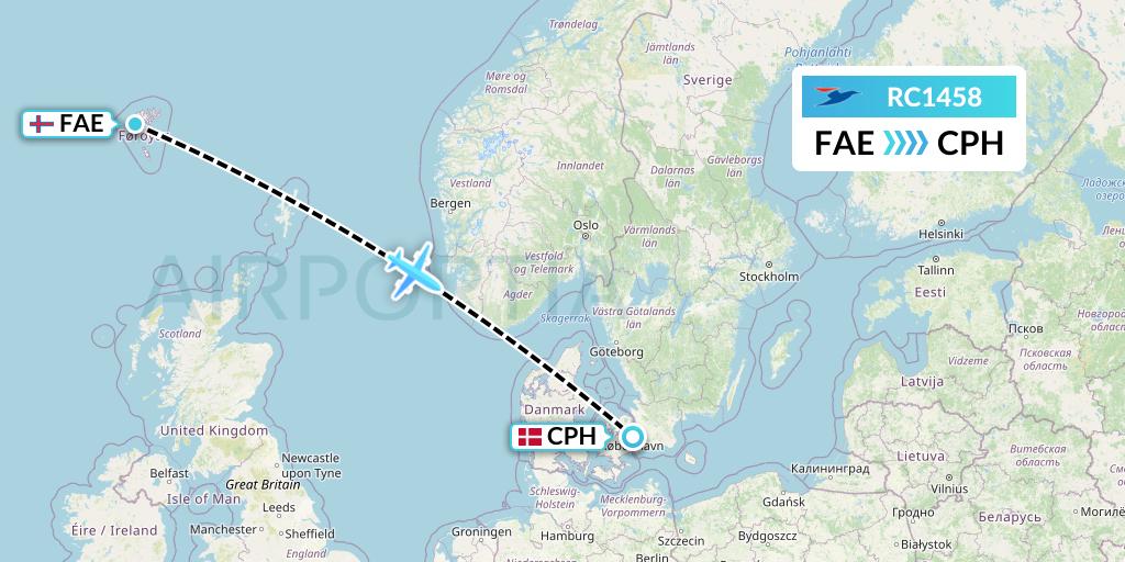 RC1458 Atlantic Airways Flight Map: Vagar to Copenhagen