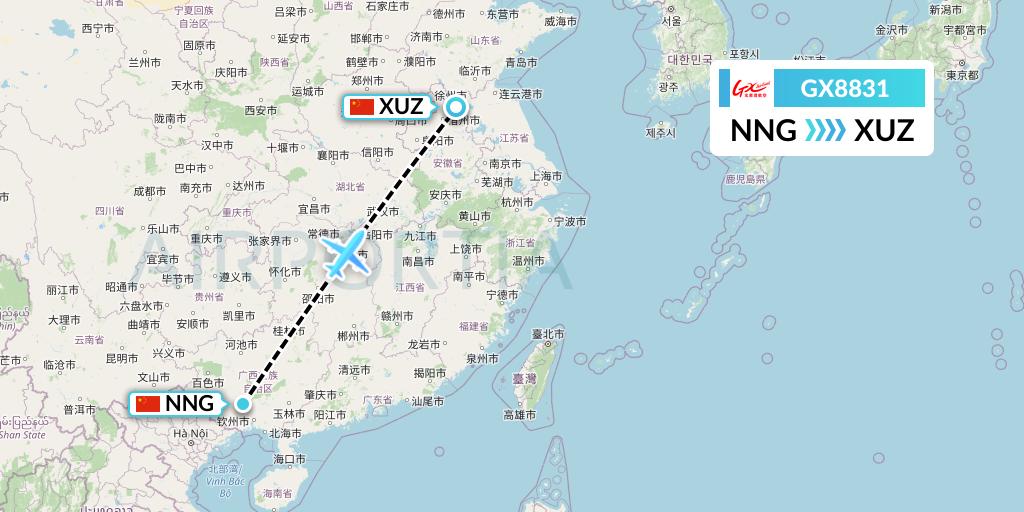 GX8831 GX Airlines Flight Map: Nanning to Xuzhou