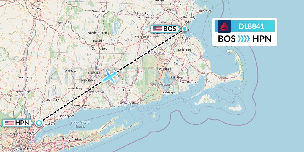 DL8841 Delta Air Lines Flight Map: Boston to White Plains