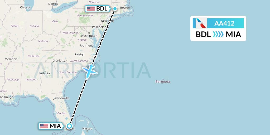 AA412 American Airlines Flight Map: Windsor Locks to Miami