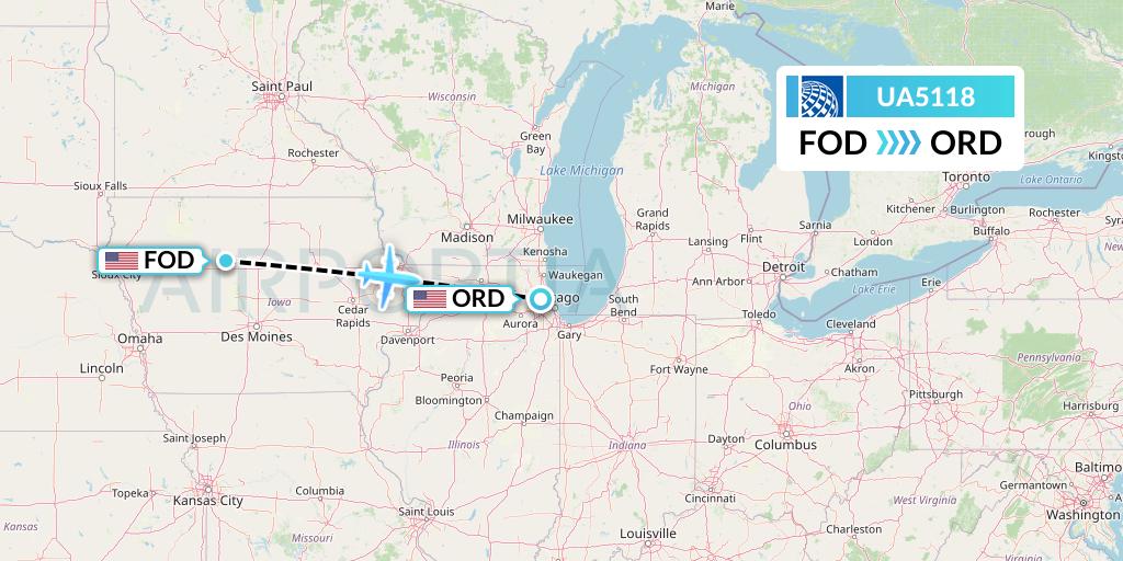 UA5118 United Airlines Flight Map: Fort Dodge to Chicago