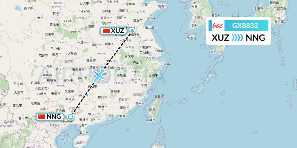 GX8832 GX Airlines Flight Map: Xuzhou to Nanning