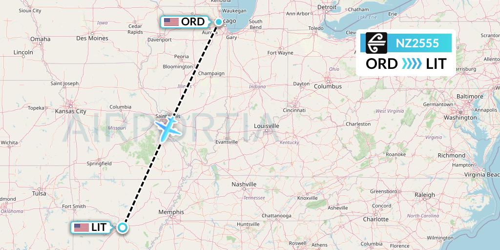 NZ2555 Air New Zealand Flight Map: Chicago to Little Rock