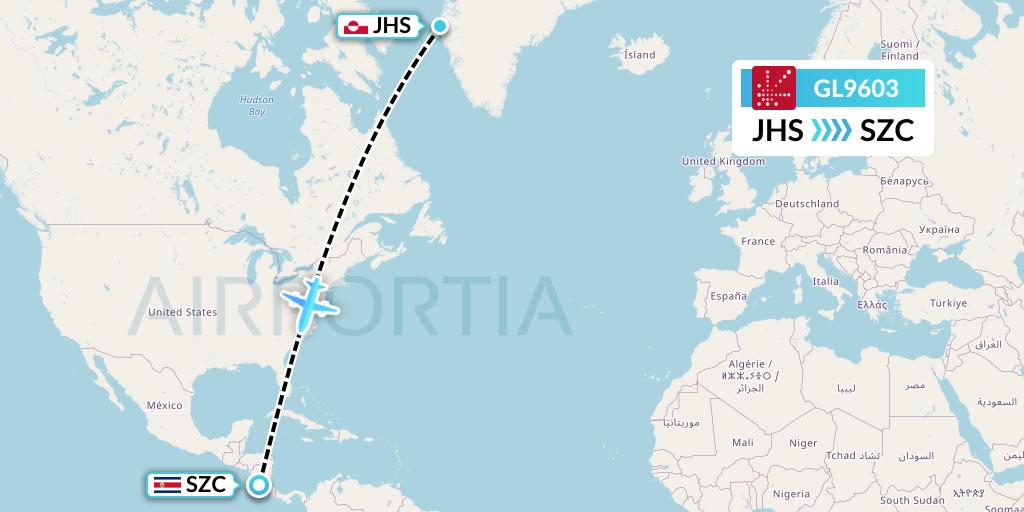 GL9603 Air Greenland Flight Map: Sisimiut to Santa Cruz
