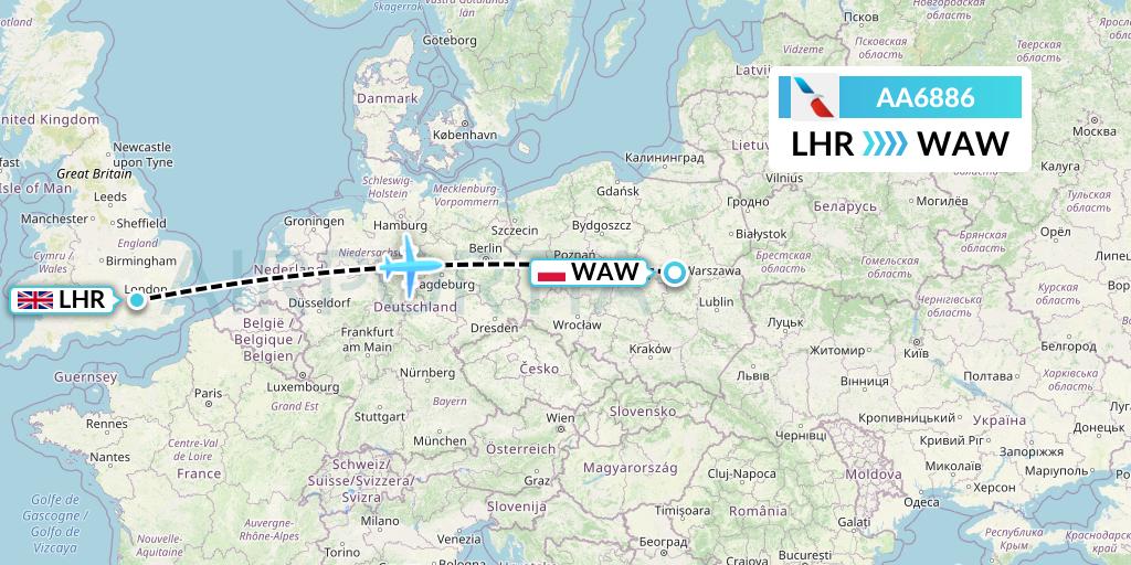 AA6886 American Airlines Flight Map: London to Warsaw