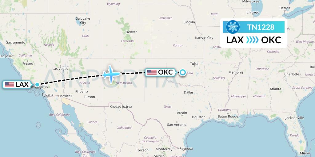 TN1228 Air Tahiti Nui Flight Map: Los Angeles to Oklahoma City