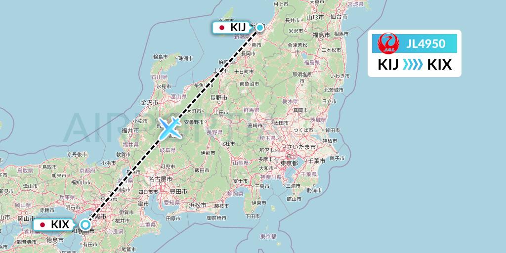 JL4950 Japan Airlines Flight Map: Niigata to Osaka