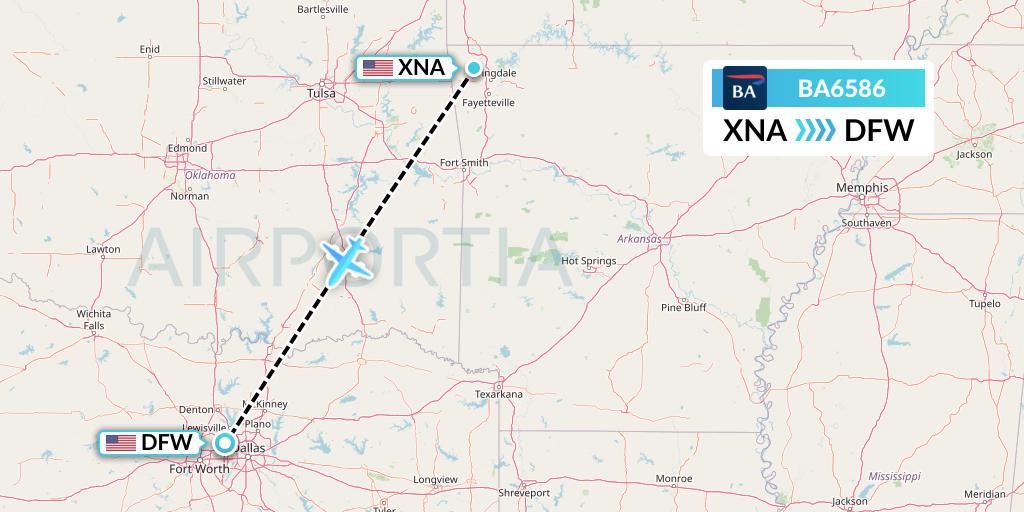 BA6586 British Airways Flight Map: Bentonville to Dallas