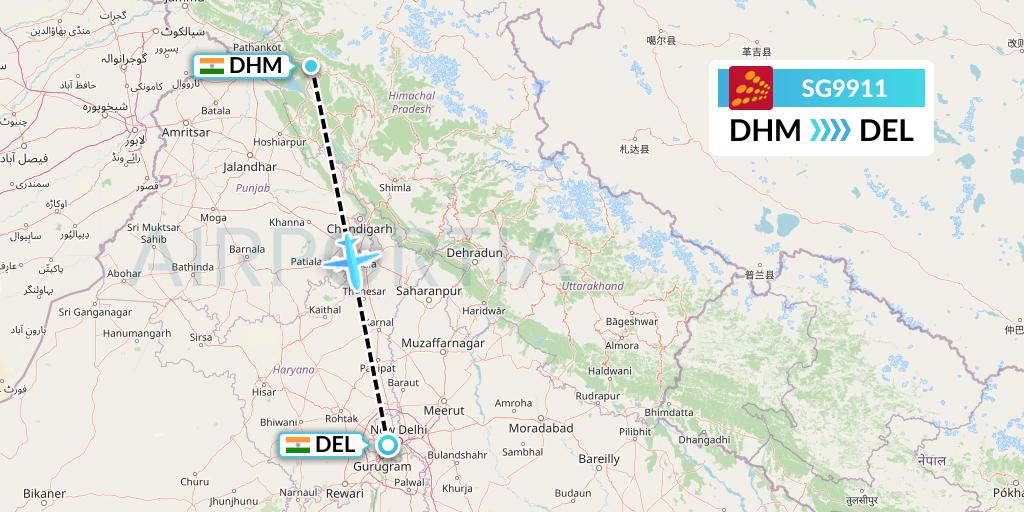 SG9911 SpiceJet Flight Map: Dharamsala to Delhi