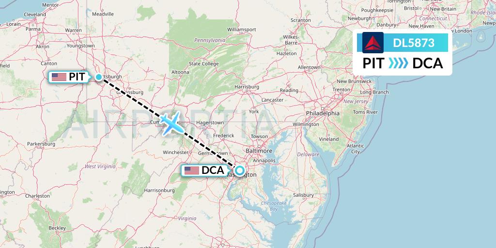 DL5873 Delta Air Lines Flight Map: Pittsburgh to Washington