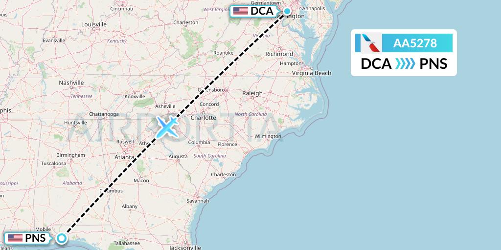 AA5278 American Airlines Flight Map: Washington to Pensacola