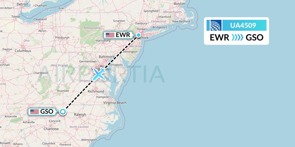 UA4509 United Airlines Flight Map: New York to Greensboro