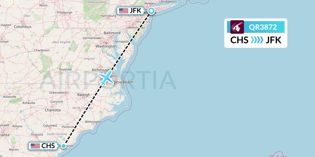QR3872 Qatar Airways Flight Map: Charleston to New York
