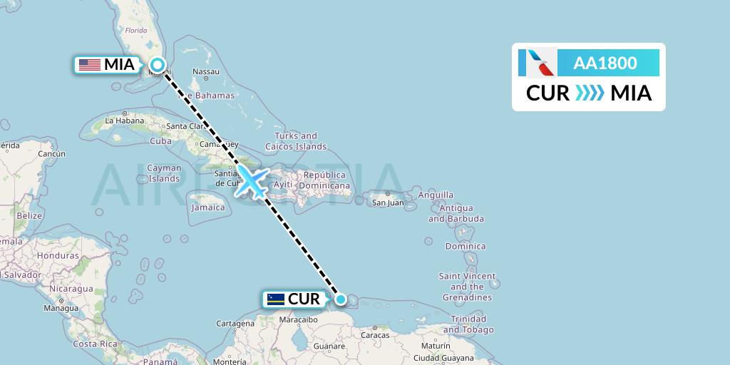 AA1800 American Airlines Flight Map: Willemstad to Miami