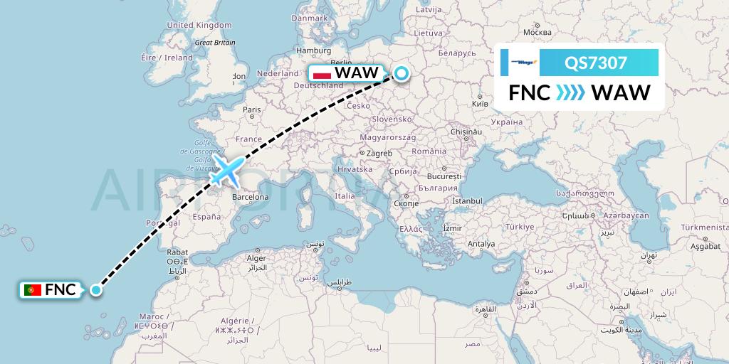 QS7307 Smartwings Flight Map: Funchal to Warsaw