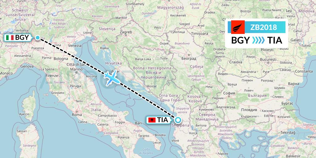 ZB2018 Air Albania Flight Map: Milan to Tirana