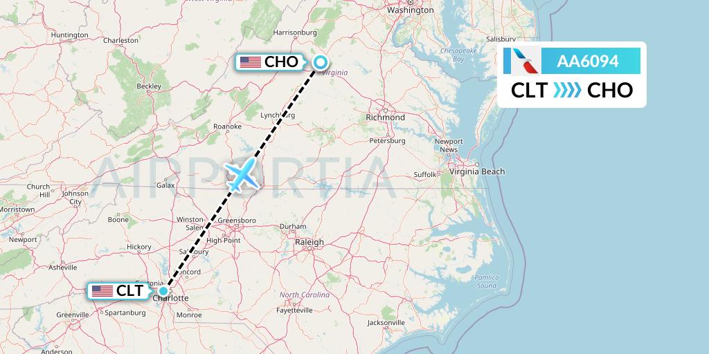 AA6094 American Airlines Flight Map: Charlotte to Charlottesville