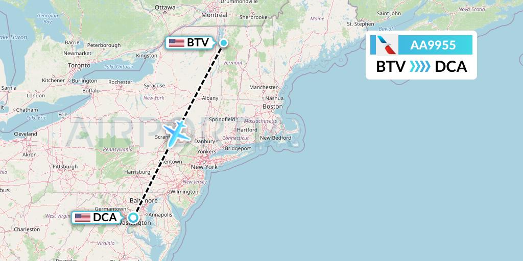 AA9955 American Airlines Flight Map: Burlington to Washington