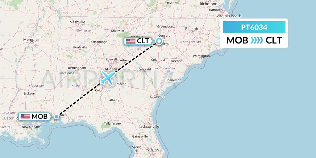 PT6034 Piedmont Airlines Flight Map: Mobile to Charlotte
