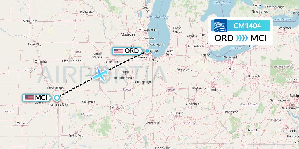 CM1404 Copa Airlines Flight Map: Chicago to Kansas City