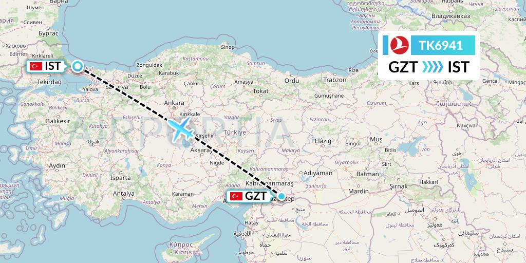 TK6941 Turkish Airlines Flight Map: Gaziantep to Istanbul