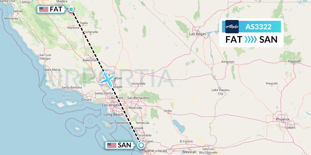 AS3322 Alaska Airlines Flight Map: Fresno to San Diego