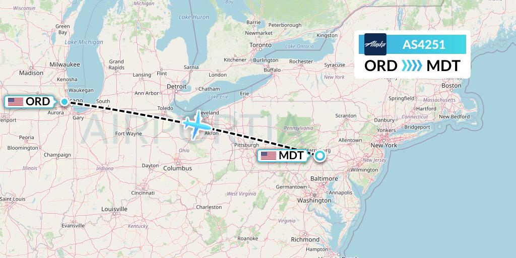 AS4251 Alaska Airlines Flight Map: Chicago to Harrisburg